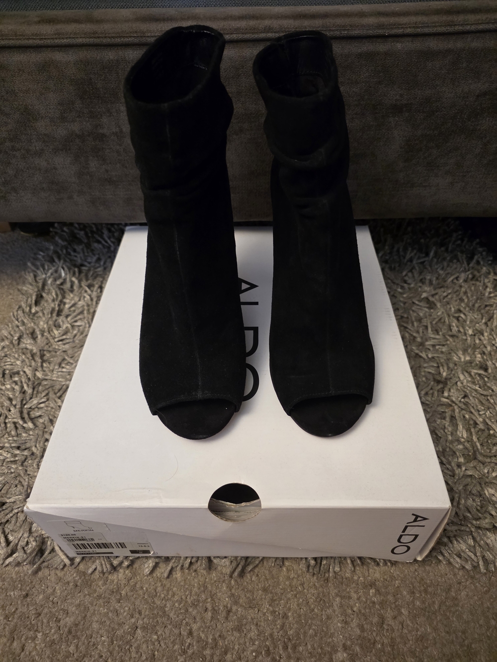 Aldo Black Suede Peep-Toe Ankle Booties